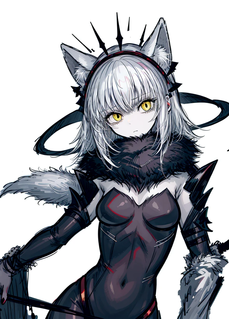 1girl ,white hair, yellow eyes, pale fur beast, fox ears, polar, nice clothes,archer, (high resolution, high detail, best quality), sad, small breasts