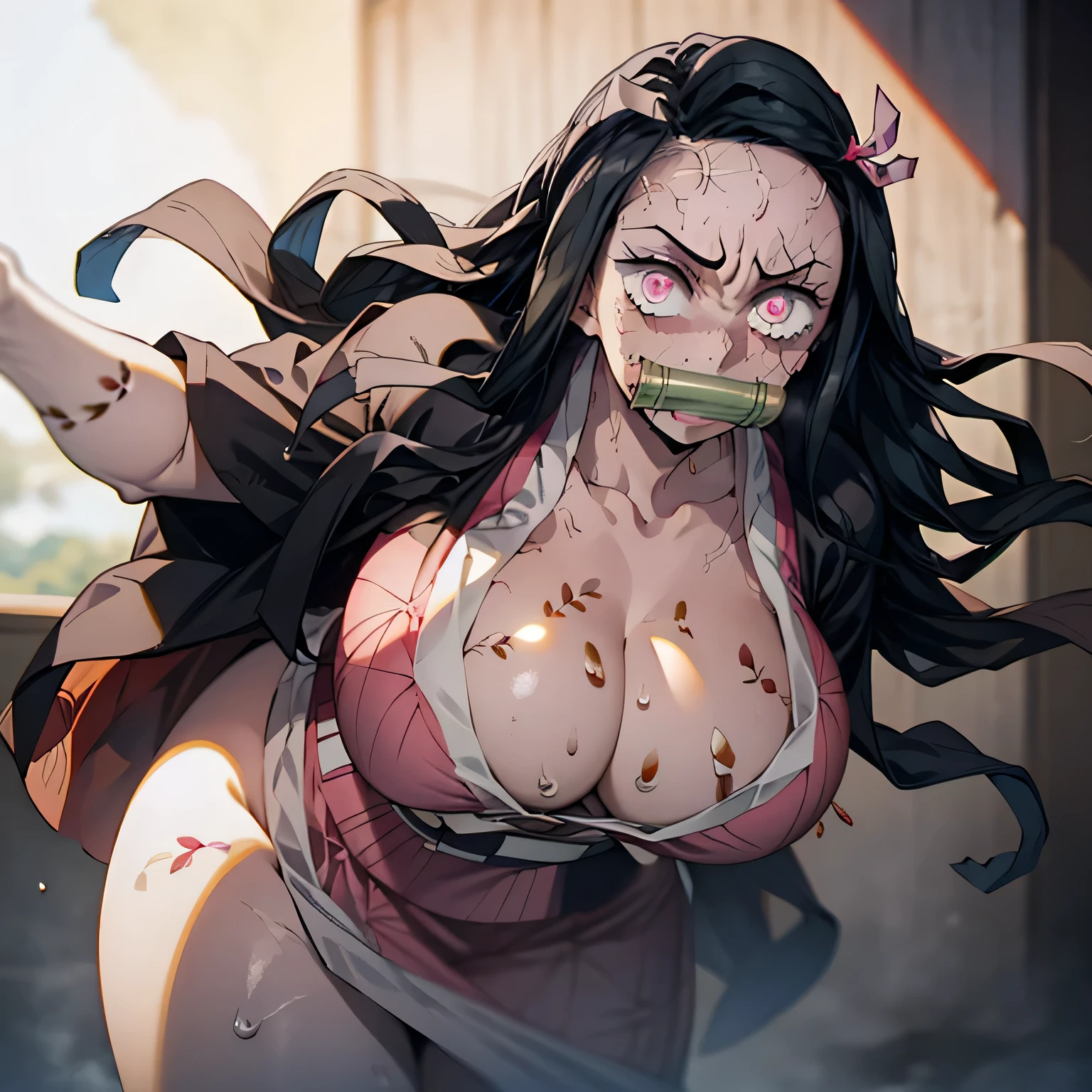 ultra-detailed,best quality,masterpiece,ultra-detailed,high resolution,extremely detailed CG,perfect anatomy,detailed,cinematic lighting,beautiful detailed eyes,ultra high res,1woman,(35 years old:1.4),gleaming skin,oil skin,sweat,humid,trembling,strong light coming in,spot lighting,bright,clothed,nsfw,(love juice:0.5),(hate:1.4),(blush:0.4),(milf:1.9),(curvy:1.6),mature female,gigantic breasts,wide hips,skindantation,milf,Mature Woman,(ecstasy:1.3),(slut:1.2),(vulgarity:1.3),(:1.1),(steam:1.1),(wet:0.8),(trembling:0.8),(tears:0.7) ,(drooling:0.6),(sweat:0.8), pov,(Nezuko Kamado:1.5),bit gag,multicolored hair,veins,pink kimono,slit pupils,(angry:-1.9)