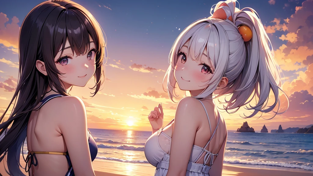 Highest quality、High resolution、Detailed Background、(Beautiful face in every detail:1.5)、age Girl、(Huge breasts:1.2)、Light-colored hair、cute髪型、Bobcut、ponytail、well-groomed eyebrows、Perfect body line、cute仕草、Navy blue sailor suit、White sailor collar、Pleated mini skirt、cuteスクールカーディガン、White Stockings、A big smile、smile、
(A coastline dyed in the sunset and five girls looking back from the beach:1.5)、
Spend some time at the beach watching the sunset、Feel the end of summer as you feel the sea breeze and the sound of the waves.、Before the sun sets, the sky takes on a sunset-like appearance.、At first, bright orange and pink gradually painted the sky.々It will turn reddish.、As the sun sets, the colors become more vibrant and the surrounding scenery is beautifully colored.、
Place the main motif in the center、Leave space on both sides、Add color contrast、Bright center and soft sides、Pay attention to the movement of the lines、A deep composition、Leave some headroom、cute