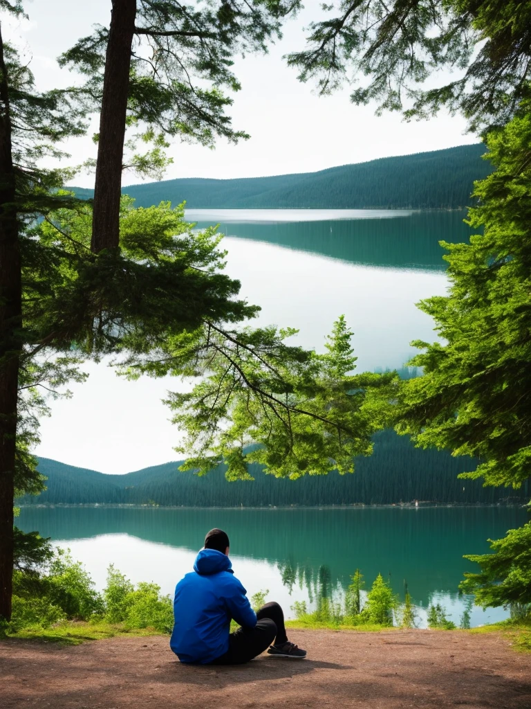 Me, sitting on the ground, taking photos with my camera. location is [Forest, Lake, Harbour, Town, City]