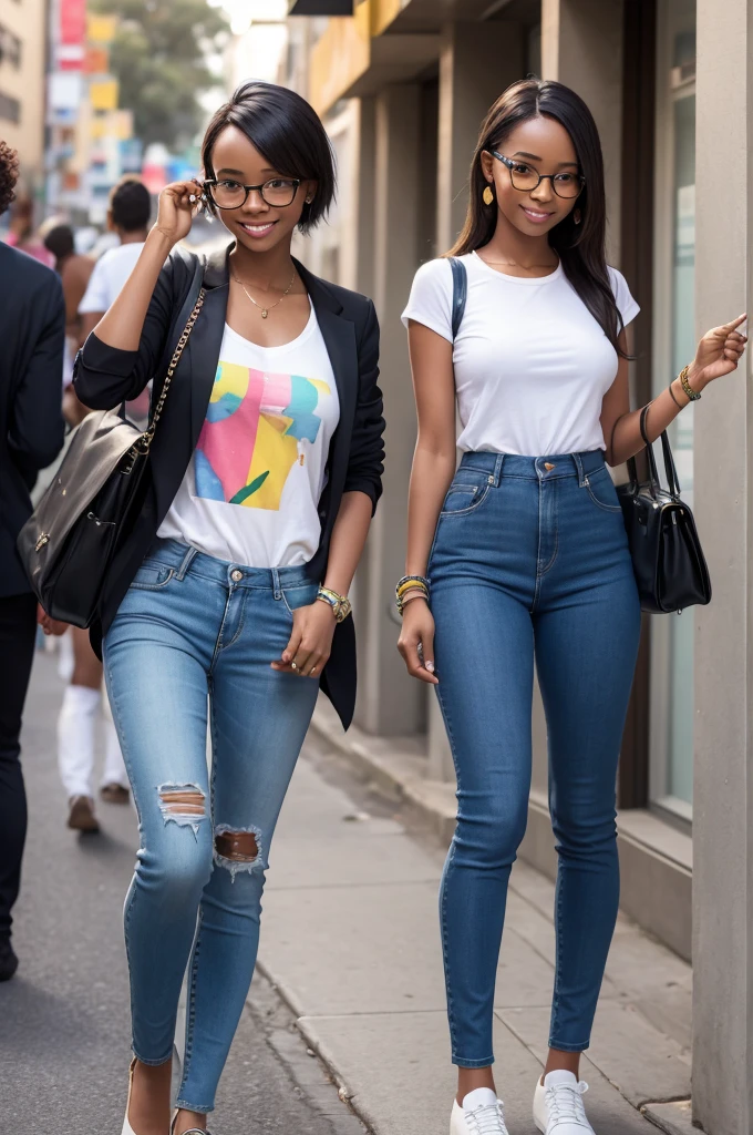 A young South African lady wearing stylish glasses, slim, wearing pants, the shirt is a package. smiling, holding colorful papers and scissors