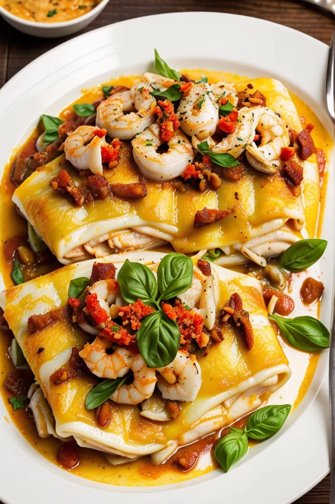 Chicken and Seafood Cannelloni in Chontacuro Cream with Annatto Reduction