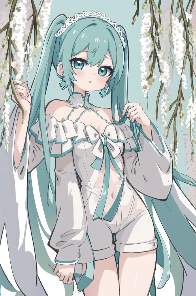 a drawing of a model wearing a white romper next to a lighted background, off shoulder, 1girl, solo, (tied hairstyle), Hatsune Miku, parted lips, earrings, jewelry, vibrant background, weeping willow background, thighs