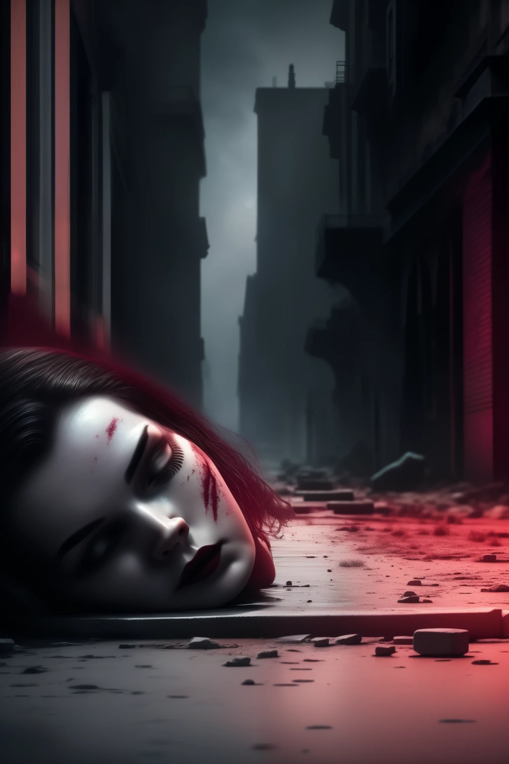 In the heart of an eerie, abandoned city, a lifeless woman lies sprawled on the cold, concrete ground. Her pale skin is marred by deep, crimson stains, a chilling testament to the brutal violence that led to her demise. The once vibrant eyes now hold a vacant stare, devoid of life. The scene is bathed in a haunting, realistic light, casting long, ominous shadows that further accentuate the despair. The image is of exceptional quality, captured in ultra-high definition 8K, with every detail painstakingly rendered and the color palette precisely calibrated to create an unsettling atmosphere. The shallow depth of field and dramatic lighting add
