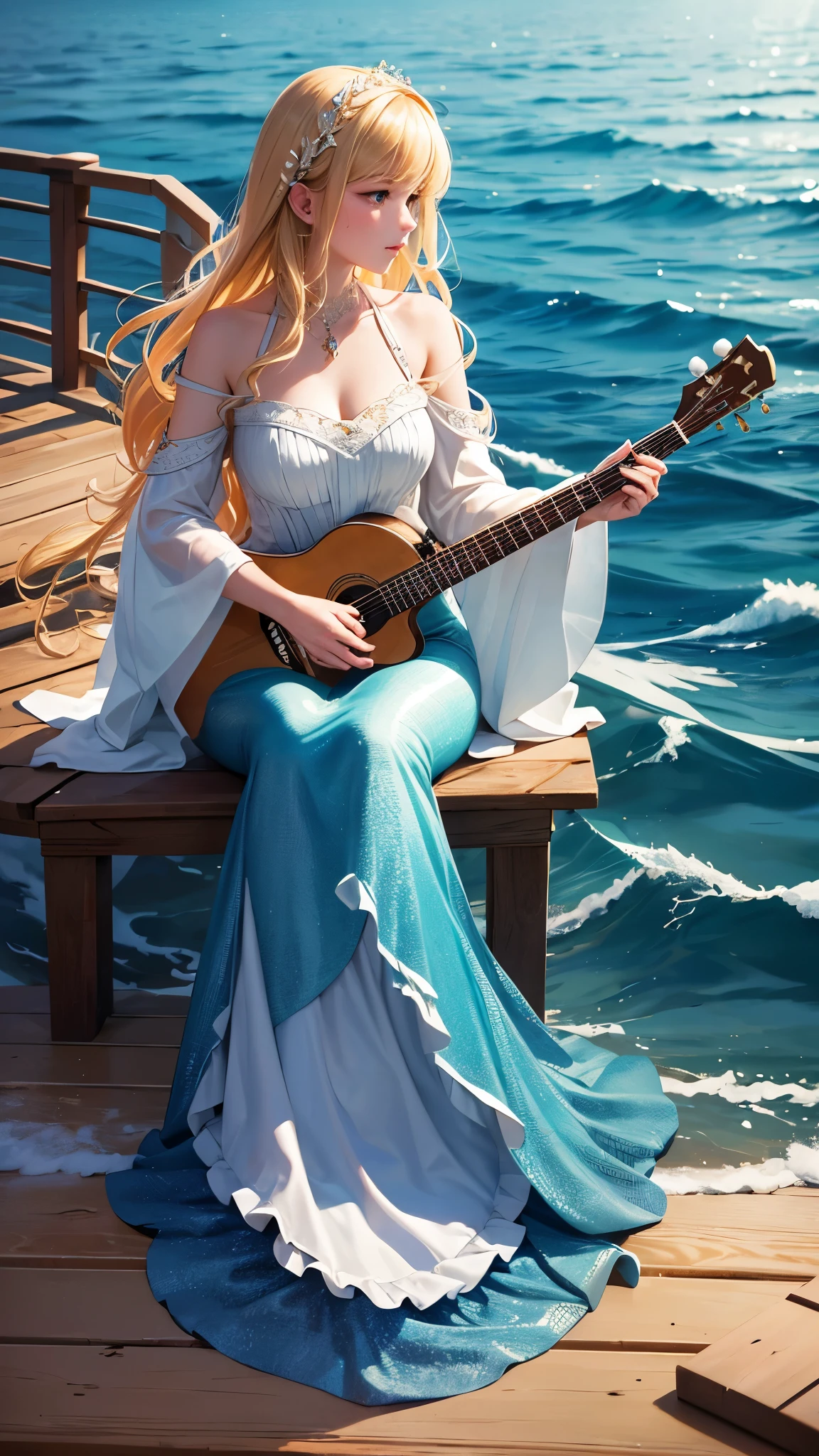 ultra-high precision, ultra-high resolution, 16K, best quality, exquisite, intricate composition, beautiful mermaid, french, blonde hair, orchestra, play the guitar, fantastic, on the deck, sea, ultra wide angle, full body, illustration style