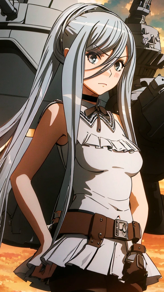 Detailed girl with an arrogant look and crossed hands and in the background a heavy war cruiser 