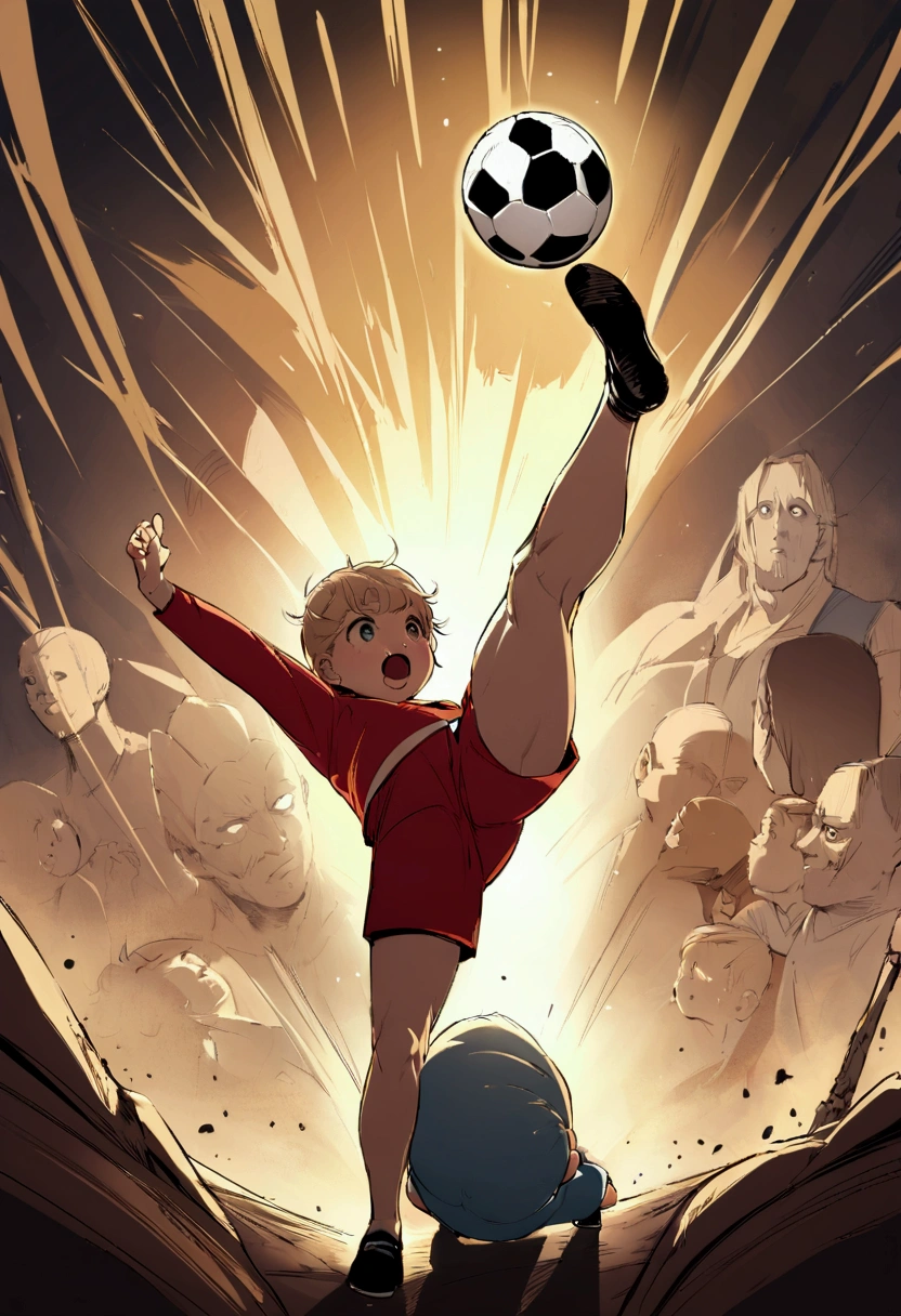"Create a fun image of a child kicking a soccer ball. The  must have a very strong and muscular leg, like a superhero, while the rest of the body appears normal. The soccer ball must be flying at a high speed after being kicked, and there must be a fence behind her that is bursting due to the force of the kick. The expression on the child&#39;s face should be one of surprise and excitement."

