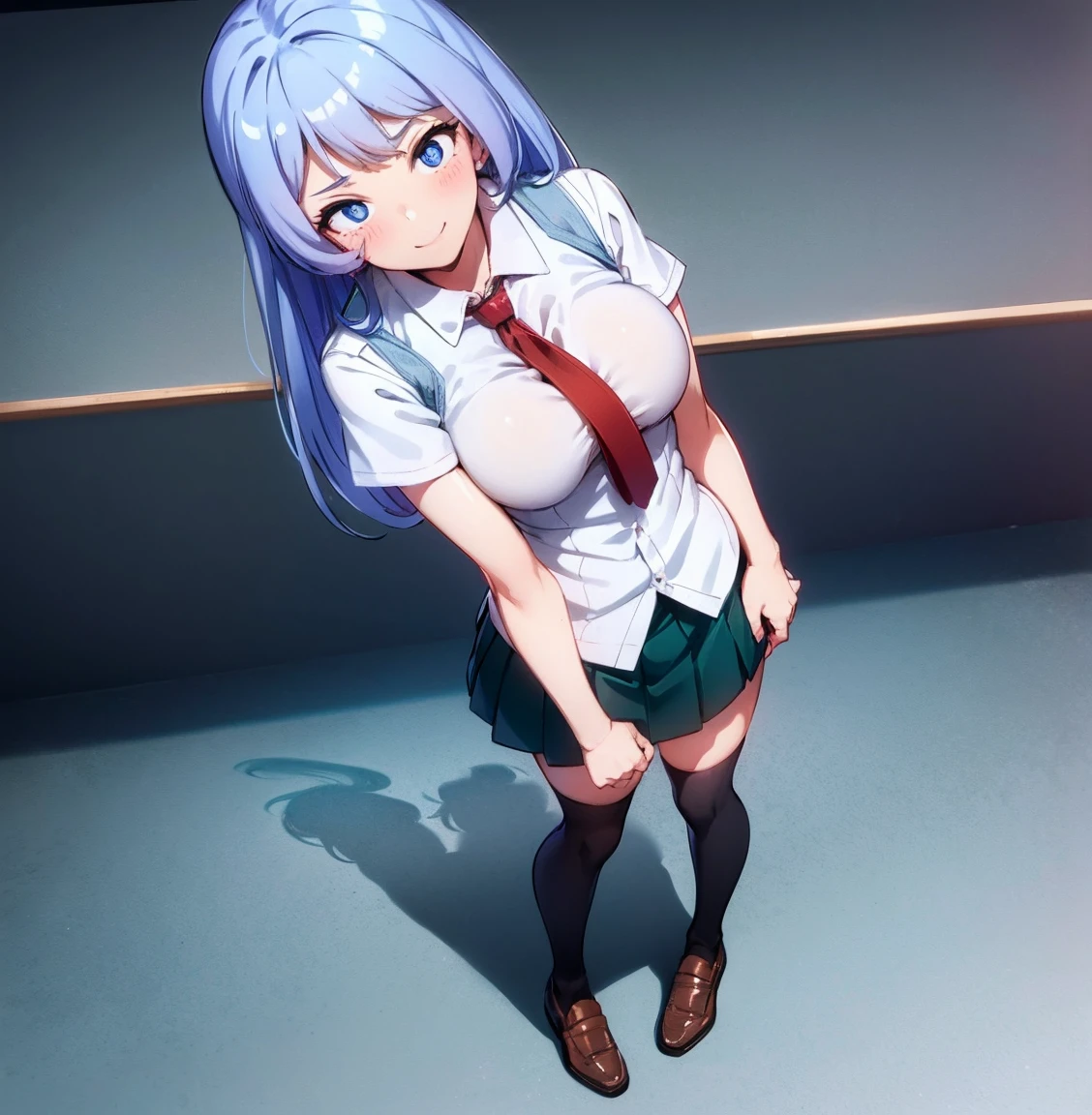 ((1girl)),((alone)), nejire hadou,(masterpiece), (best quality), (ultra detailed), (best illustration), (best shadow), (absurdities), sharp focus, cowboy shot , looking at the viewer, big breasts, narrow waist, wide hips, medium thighs, round butt, dynamic posture, green hair, blush, blue eyes, blue hair, long hair, big breasts, u.a. , red tie, collared shirt, white shirt, tight shirt, short sleeves, green skirt, short skirt, tight skirt, (black socks: 1.2), brown loafers: 1.1, seductive smile, closed mouth, (sexy pose: 1.2), solo, standing: 1.3, interior, school, classroom, desks, window, sunset, looking forward, ((focus on breasts)), pov (from above), red blush, perfect anatomy, perfect hands