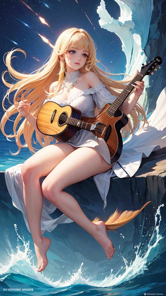 ultra-high precision, ultra-high resolution, 16K, best quality, exquisite, intricate composition, beautiful mermaid, french, blonde hair, play the guitar, fantastic, sea, ultra wide angle, full body, illustration style