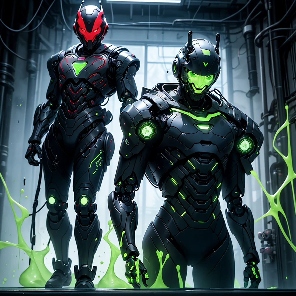 Full body view of a anthropomorphic robotic heart, dark red., ribotic heart, heart has the face of a mustachioed man, who makes a menacing smile, bulging eyes, face behind a transparent visor., dark blue arms and legs, two reservoirs of green liquid behind his back connected to the robotic heart