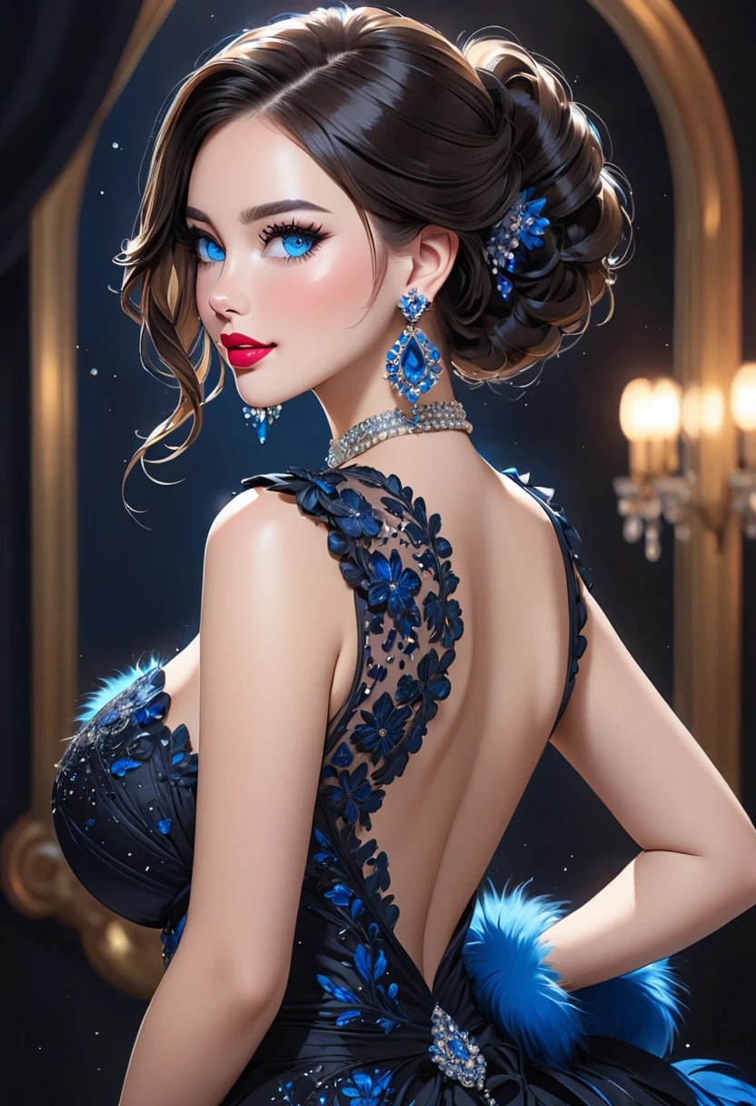 xcharleston style, 1 girl age 23, Alone, Blue eyes, black fur, gloves, dress, huge breasts, jewelry, earrings, looking back, bracelet, lips, make up, lipstick