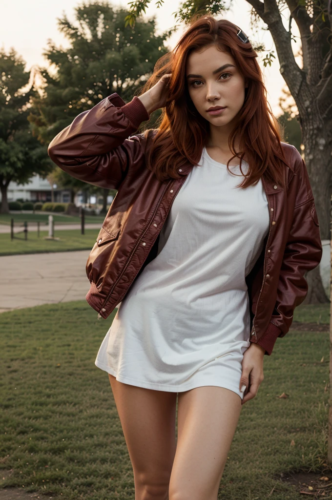 woman, realistic, young, red hair, jacket, full body, model, possing, sunset, detailed face, in a park, realistic background, preety face, ambar light eyes