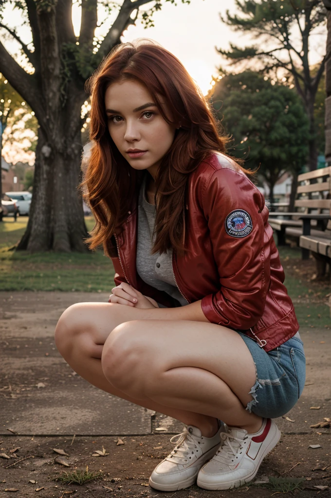woman, realistic, young, red hair, jacket, full body, model, possing, sunset, detailed face, in a park, realistic background, preety face, ambar light eyes