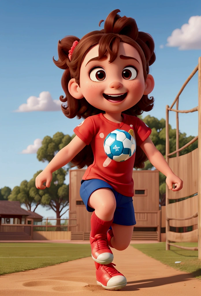 "Create a fun image of a child kicking a football in Disney Pixar style. The must have a very strong and muscular leg, like a superhero, while the rest of the body appears normal. The soccer ball must be flying at a high speed after being kicked, and there must be a fence behind her that is bursting due to the force of the kick. The expression on the child's face should be one of surprise and excitement."