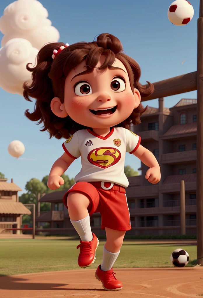 "Create a fun image of a child kicking a football in Disney Pixar style. The  must have a very strong and muscular leg, like a superhero, while the rest of the body appears normal. The soccer ball must be flying at a high speed after being kicked, and there must be a fence behind her that is bursting due to the force of the kick. The expression on the child&#39;s face should be one of surprise and excitement."

