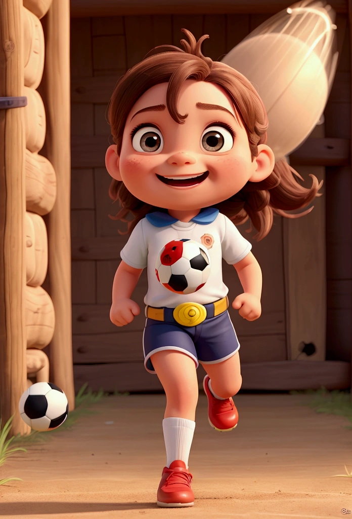 "Create a fun image of a  kicking a football in Disney Pixar style. The  must have a very strong and muscular leg, like a superhero, while the rest of the body appears normal. The soccer ball must be flying at a high speed after being kicked, and there must be a fence behind her that is bursting due to the force of the kick. The expression on the child&#39;s face should be one of surprise and excitement."

