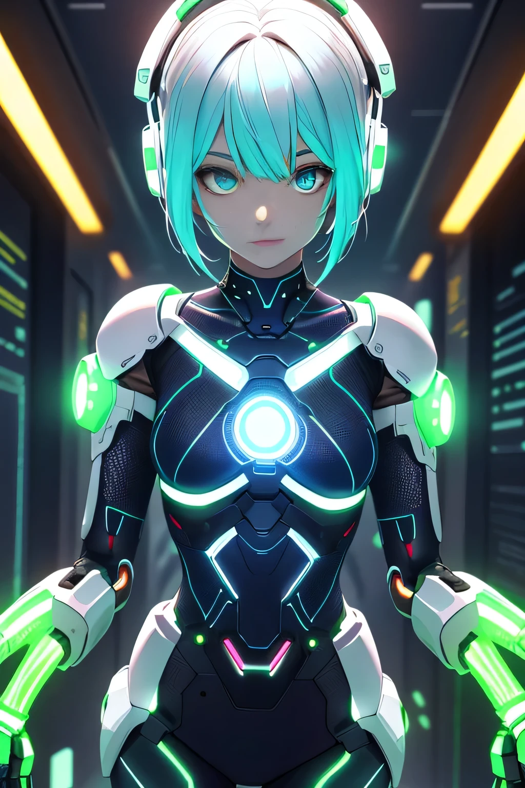 Glowing cyber girl with cybernetic arm,(J Women's Uniform,Sailor suit,White Skirt,)Standing in a post-apocalyptic battlefield.Surrounded by a network of wires. surrounded by circuits. (Cyber Girl with a glowing orange sword:1.3), Shiny Silver Short Hair,Messy ponytail,Cute Smile,Perfect round face,Iris,A bright smile that makes everyone happy,Proper body balance,Intricate details,Very delicate and beautiful hair,Photo Real,dream-like,Professional Lighting,Realistic Shadows,Focus Only,Beautiful Hands,Beautiful fingers,Detailed finger features,Detailed clothing features,Detailed hair features,Detailed facial features,(Tabletop,Highest quality,Ultra-high resolution output images,) ,(8K quality,),(Picture Mode Ultra HD),,Sci-fi fantasy