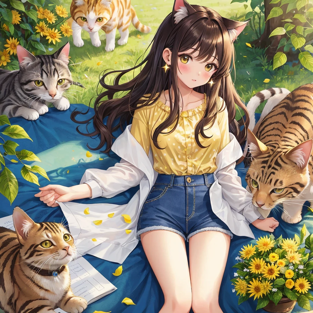 1 beautiful 20 year old girl, anime girl, yellow tight blouse , chest neckline, printed blouse, little blue tight shorts, Casual clothes, beautiful body figure, dark brown hair, wavy fur, broad, aquamarine eyes, bright Eyes, blush, labis brillantes, star earrings, pair of white and blue renis, Best Quality, high resolution, different image, (many (detailed) little cats) and a girl:1.3), Focus on the cat, little (detailed) The cats around the girl's background are an alley., detailed sunlight, session, Girl looking at viewer, front view, (cats looking at viewer:1.2), session on the floor grasping knees, (happy:1.3) , (Kitten)