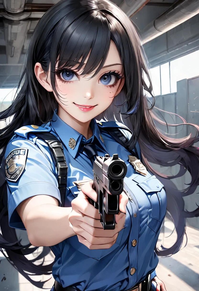 1 girl, police, long black hair, Resident Evil style, clear skin, with light pink lips, with gun in hand, smiling, blue clothes, big black eyes, looking at the viewer. 