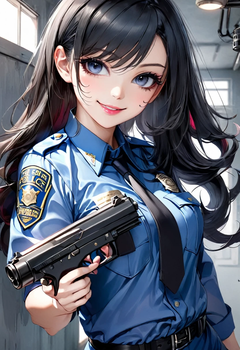 1 girl, police, long black hair, Resident Evil style, clear skin, with light pink lips, with gun in hand, smiling, blue clothes, big black eyes, looking at the viewer. 