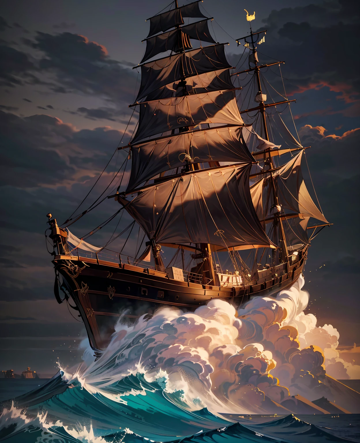 A pirate ship sailing on a stormy sea, (realistic,photorealistic,photo-realistic:1.37),(best quality,4k,8k,highres,masterpiece:1.2),ultra-detailed,dramatic lighting,moody atmosphere,crashing waves,dark clouds,weathered wood texture,tattered sails,fluttering flags,cannon fire,pirates wielding swords,intense action,cinematic composition