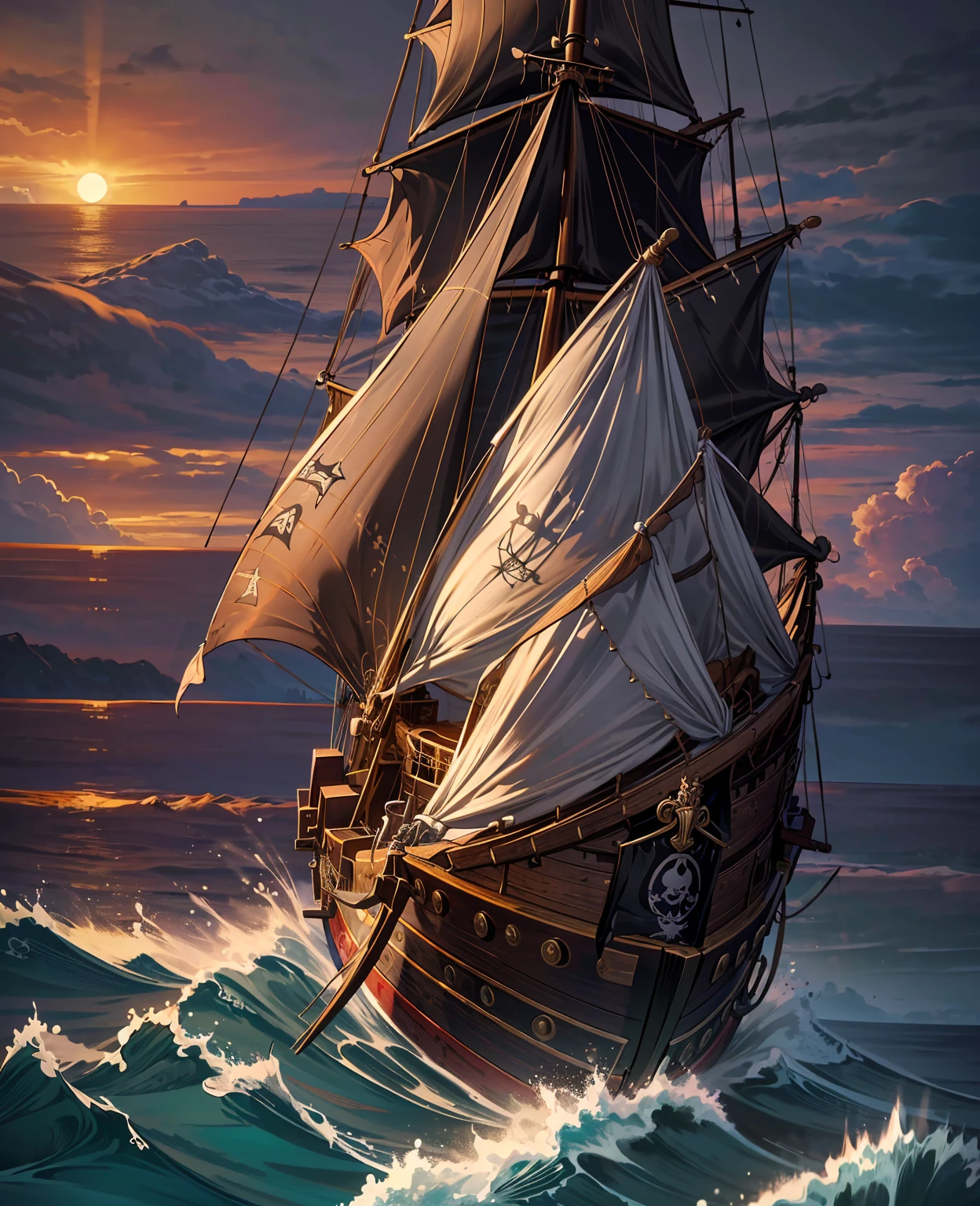 A pirate ship sailing on a stormy sea, (realistic,photorealistic,photo-realistic:1.37),(best quality,4k,8k,highres,masterpiece:1.2),ultra-detailed,dramatic lighting,moody atmosphere,crashing waves,dark clouds,weathered wood texture,tattered sails,fluttering flags,cannon fire,pirates wielding swords,intense action,cinematic composition
