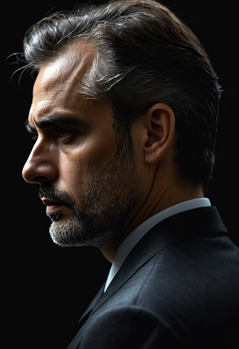 Very serious man in profile with dark background, hyper realistic image