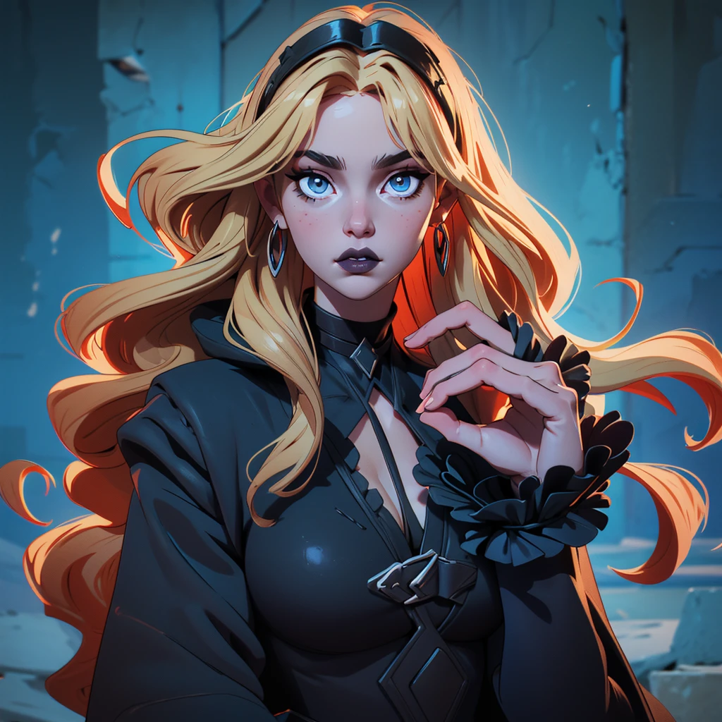 I want you to create a comic theme style illustration of a new character.  She is a witch who possesses magical powers from the underworld, allowing her to summon the dead.  She practices black magic and will be represented as a goddess from Greek mythology.  Her appearance includes a black dress, similar to a Greek goddess's tunic. 

 Her hair is long, blond with some black highlights, and her eyes are a very light blue.  Her lips are painted with black lipstick, and her fingertips are dark, as if they were necrotic.