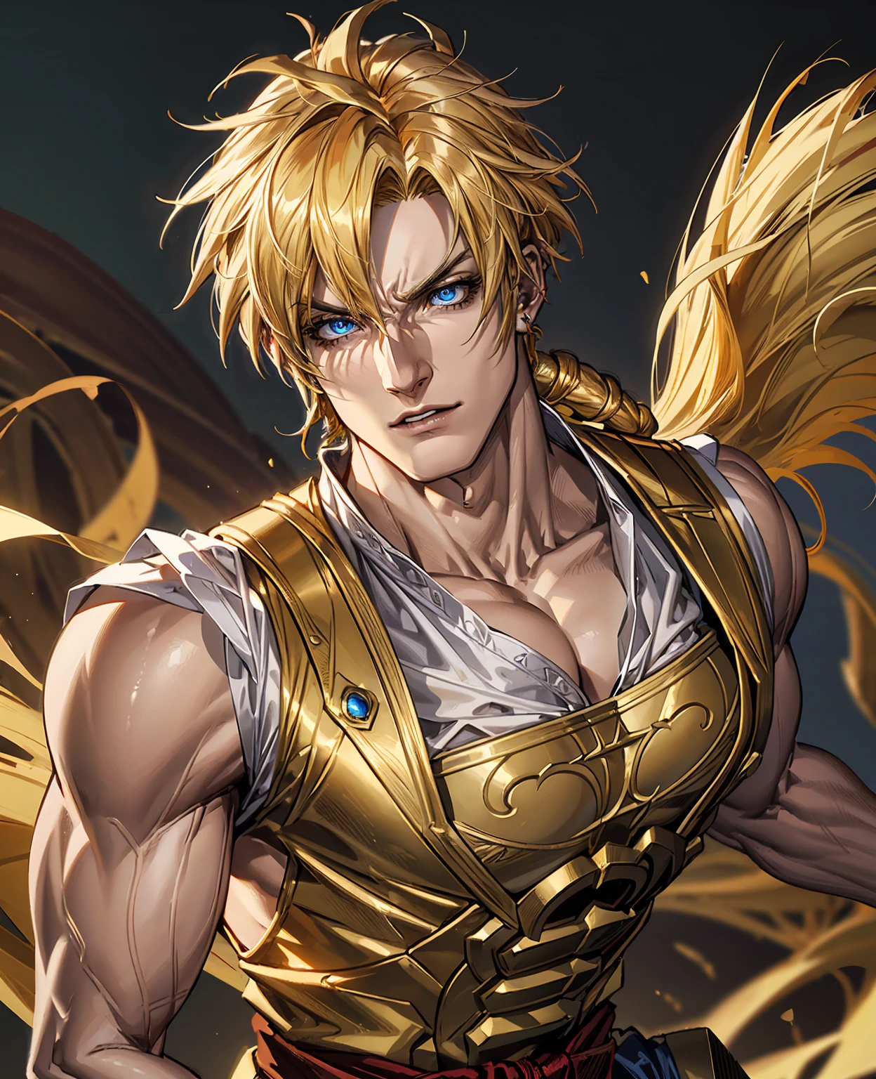 detailed muscular super saiyan warrior, glowing golden aura, piercing blue eyes, sharp facial features, long spiky golden hair, dynamic pose, ultra-detailed, photorealistic, 8k, highly detailed, cinematic lighting, dramatic shadows, vibrant colors, digital art