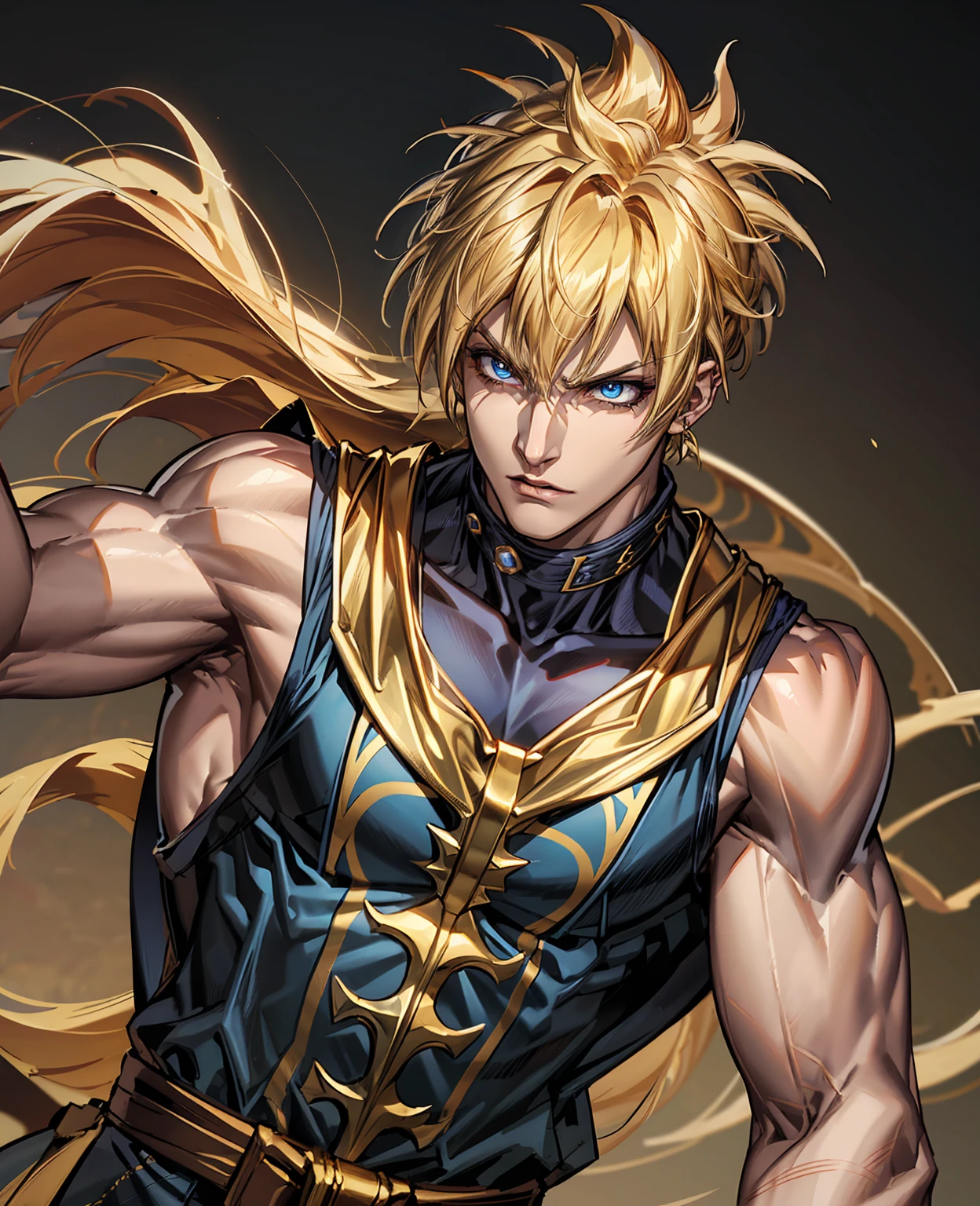 detailed muscular super saiyan warrior, glowing golden aura, piercing blue eyes, sharp facial features, long spiky golden hair, dynamic pose, ultra-detailed, photorealistic, 8k, highly detailed, cinematic lighting, dramatic shadows, vibrant colors, digital art