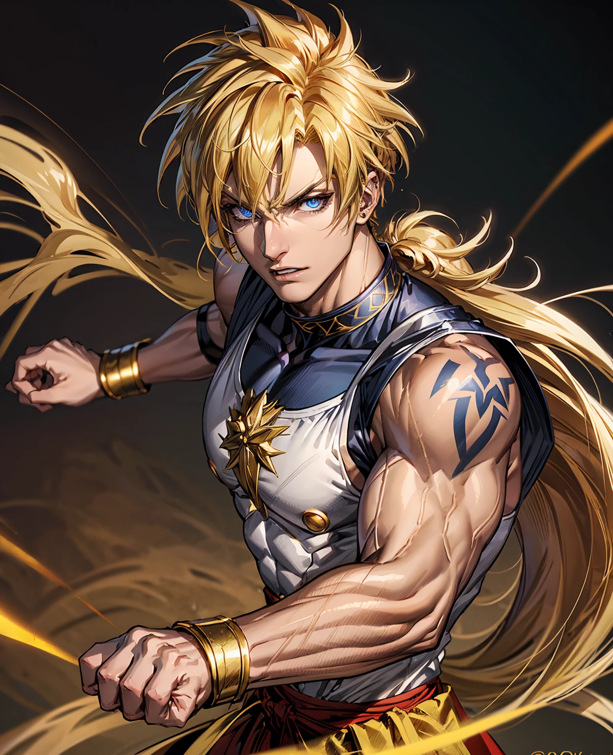 detailed muscular super saiyan warrior, glowing golden aura, piercing blue eyes, sharp facial features, long spiky golden hair, dynamic pose, ultra-detailed, photorealistic, 8k, highly detailed, cinematic lighting, dramatic shadows, vibrant colors, digital art