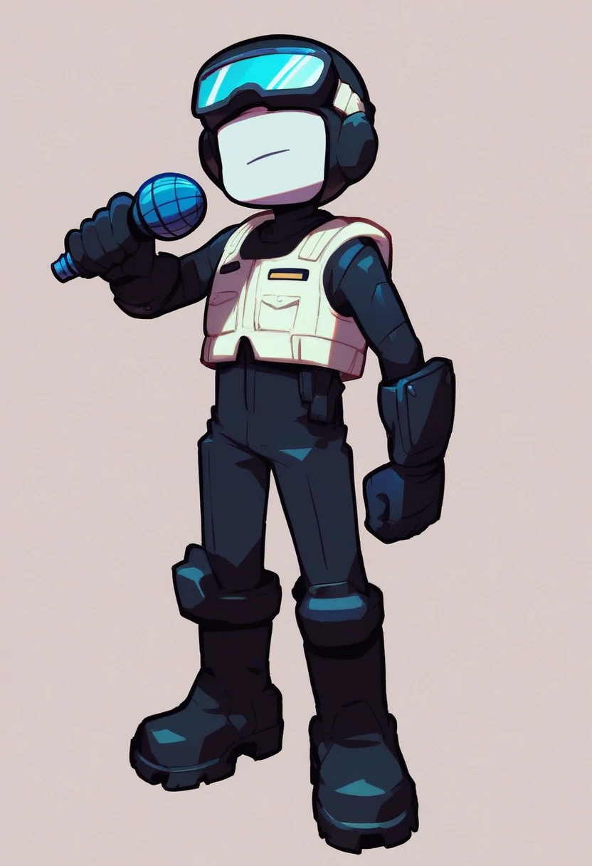 tankman, solo, simple background, 1boy, holding, standing, full body, male focus, white skin, black helmet, black uniform, black gloves, black pants, black boots, white goggles, white vest, microphone, holding microphone, source, short