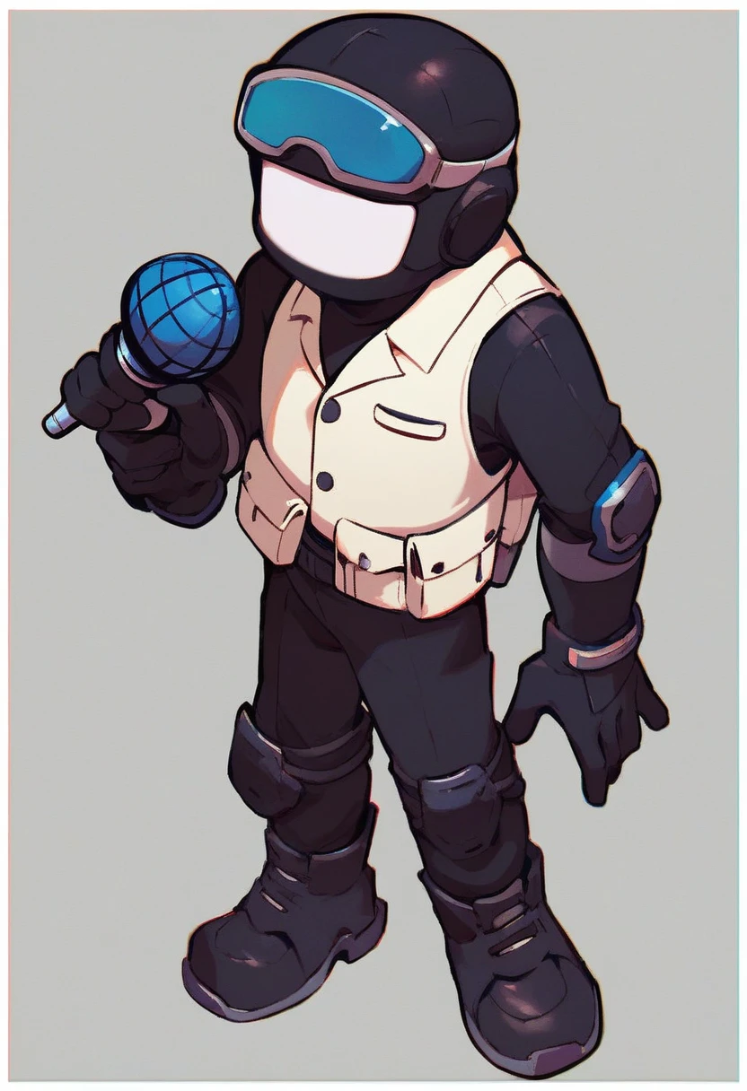 tankman, solo, simple background, 1boy, holding, standing, full body, male focus, white skin, black helmet, black uniform, black gloves, black pants, black boots, white goggles, white vest, microphone, holding microphone, source, short
