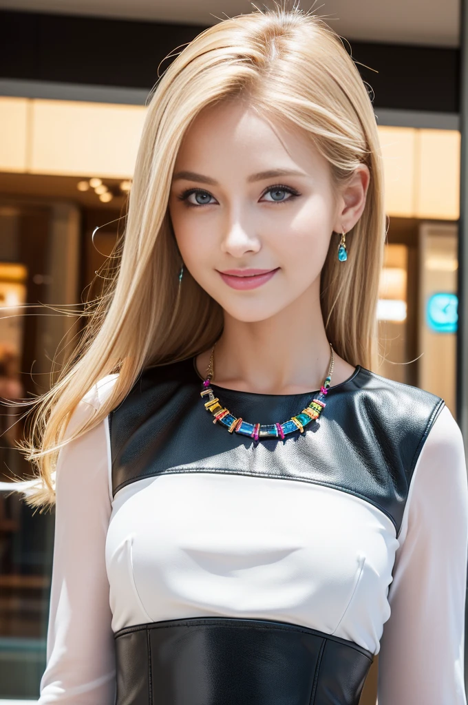 (masterpiece:1.4), (best quality:1.4), 4k, 8k, ultra high res, ultra high resolution, ultra detailed, ((detailed facial features)), HDR, (realistic, photorealistic, photo-realistic:1.37), closeup, sexy seductive Swedish model, (happy smile), (small breasts), (slim girl), long lashes, ultra detailed makeup, defined eyebrows, platinum blonde hair, fair skin, elegant posture, wearing large sparkling colorful jewelry, wearing a business style leather dress, standing in a large shopping mall, gentle sunlight shining through the shopping mall windows, casting a soft glow on her face, adding warmth to the scene, vibrant colors, capturing the essence of vibrant city life, portrait style, showcasing her natural beauty and grace in a feminine way