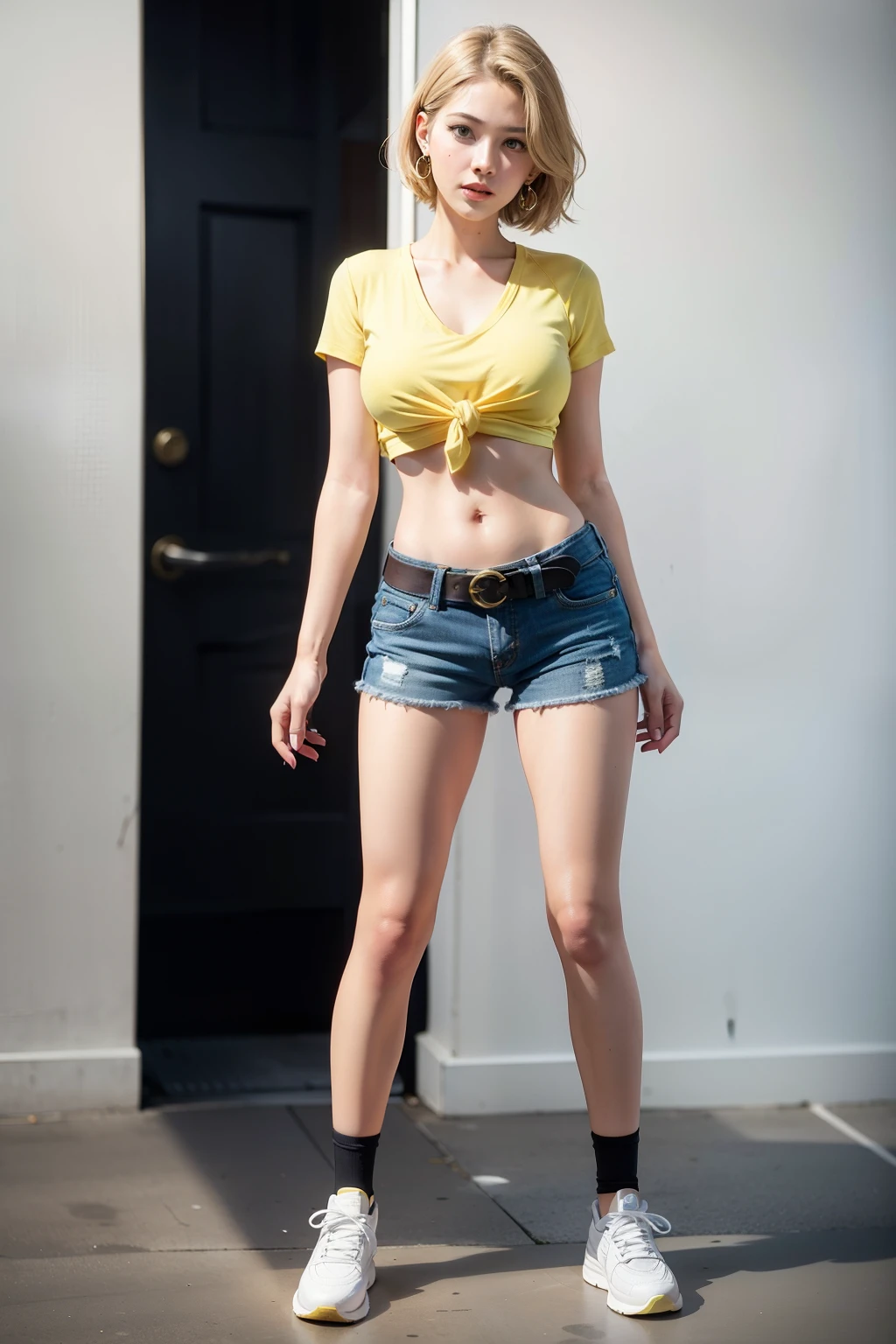 a full-body shot, look up at the viewer, white background, earrings, masterpiece, best quality, 1girl, short blonde hair, standing, yellow tied shirt, midriff, thigh holster, navel, belt, micro denim blue shorts, fingerless gloves, large breasts, beauty face, sneakers, handgun