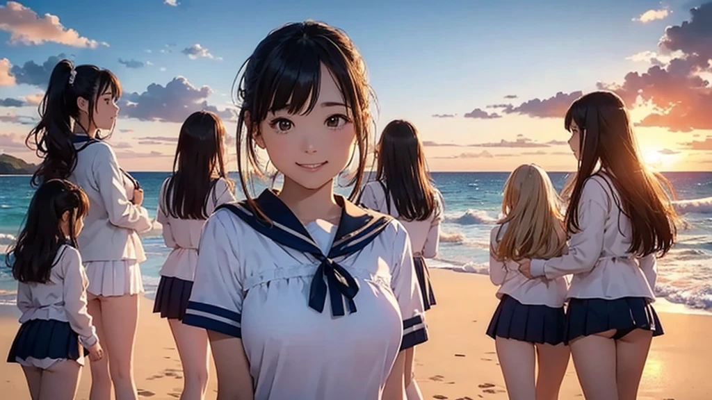 Highest quality、High resolution、Detailed Background、(Beautiful face in every detail:1.5)、Teenage Girl、(Huge breasts:1.2)、Light-colored hair、cute髪型、Bobcut、ponytail、well-groomed eyebrows、Perfect body line、cute仕草、Navy blue sailor suit、White sailor collar、Pleated mini skirt、cuteスクールカーディガン、White Stockings、A big smile、smile、

(A coastline dyed in the sunset and five girls looking back from the beach:1.5)、

Spend some time at the beach watching the sunset、Feel the end of summer as you feel the sea breeze and the sound of the waves.、Before the sun sets, the sky takes on a sunset-like appearance.、At first, bright orange and pink gradually painted the sky.々It will turn reddish.、As the sun sets, the colors become more vibrant and the surrounding scenery is beautifully colored.、
Place the main motif in the center、Leave space on both sides、Add color contrast、Bright center and soft sides、Pay attention to the movement of the lines、A deep composition、Leave some headroom、cute