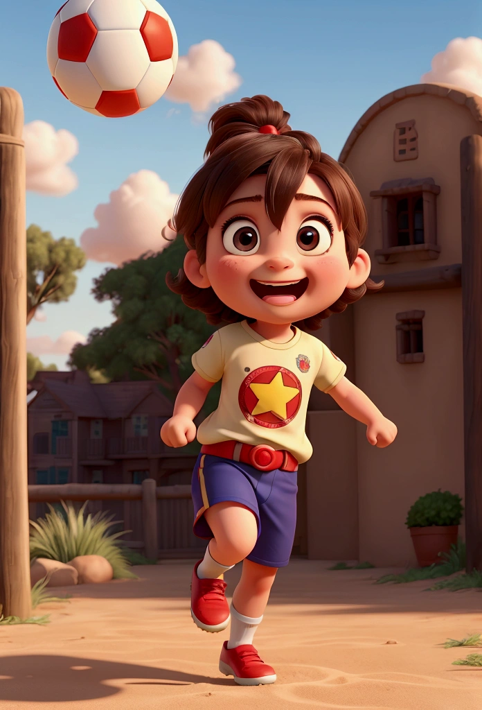 "Create a fun image of a child kicking a football in Disney Pixar style. The  must have a very strong and muscular leg, like a superhero, while the rest of the body appears normal. The soccer ball must be flying at a high speed after being kicked, and there must be a fence behind her that is bursting due to the force of the kick. The expression on the child&#39;s face should be one of surprise and excitement."


