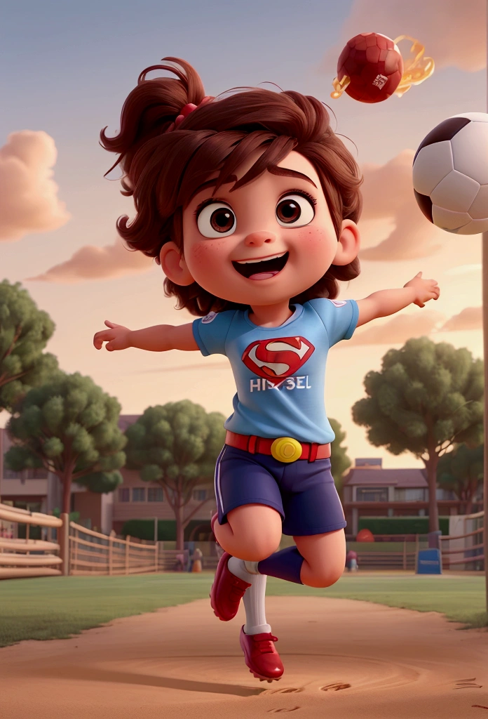 "Create a fun image of a child kicking a football in Disney Pixar style. The must have a very strong and muscular leg, like a superhero, while the rest of the body appears normal. The soccer ball must be flying at a high speed after being kicked, and there must be a fence behind her that is bursting due to the force of the kick. The expression on the child's face should be one of surprise and excitement."