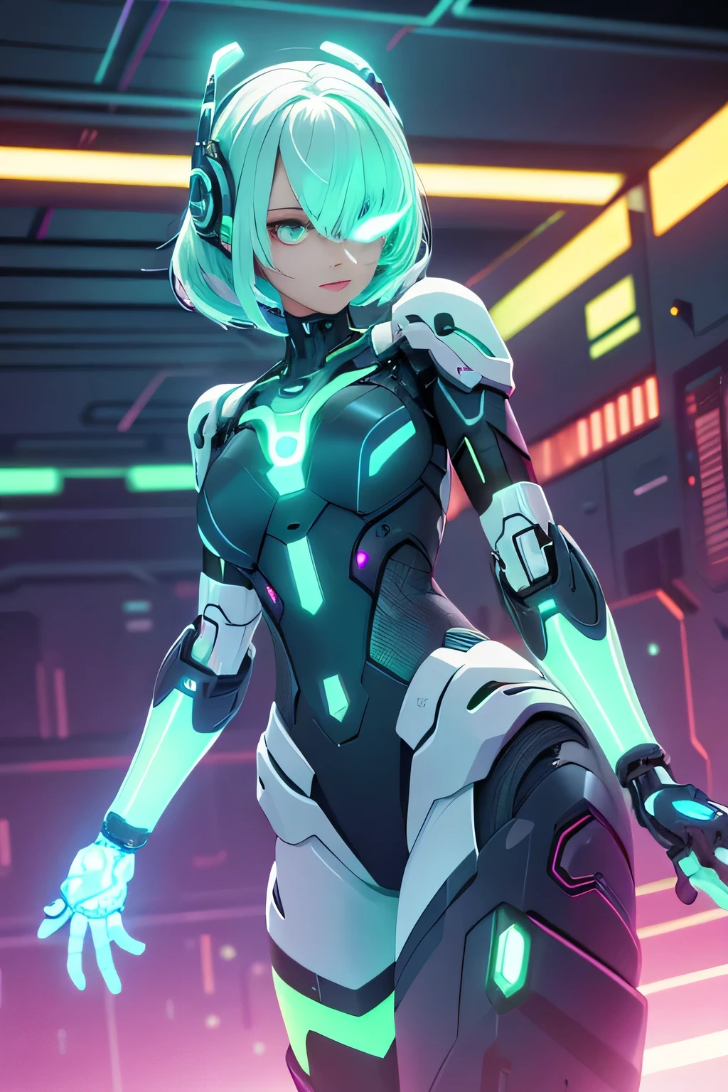 Glowing cyber girl with cybernetic arm,(J Women's Uniform,Sailor suit,White Skirt,)Standing in a post-apocalyptic battlefield.Surrounded by a network of wires. surrounded by circuits. (Cyber Girl with a glowing orange sword:1.3), Shiny Silver Short Hair,Messy ponytail,Cute Smile,Perfect round face,Iris,A bright smile that makes everyone happy,Proper body balance,Intricate details,Very delicate and beautiful hair,Photo Real,dream-like,Professional Lighting,Realistic Shadows,Focus Only,Beautiful Hands,Beautiful fingers,Detailed finger features,Detailed clothing features,Detailed hair features,Detailed facial features,(Tabletop,Highest quality,Ultra-high resolution output images,) ,(8K quality,),(Picture Mode Ultra HD),,Sci-fi fantasy
