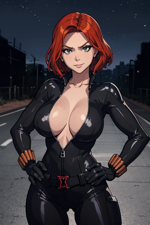 masterpiece, best quality, blkwidow, black bodysuit, smirk, black belt, hand on hips, black gloves, large breasts, night sky, cityscape,human, looking at viewer,skin-tight suit, cleavage, unzipped, anime screencap