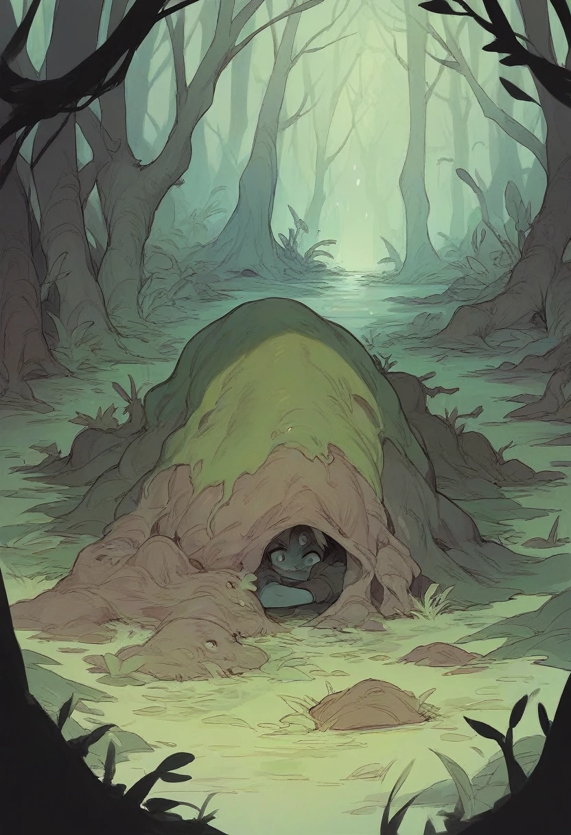 A  hiding and scared among the vegetation in a dark swamp 