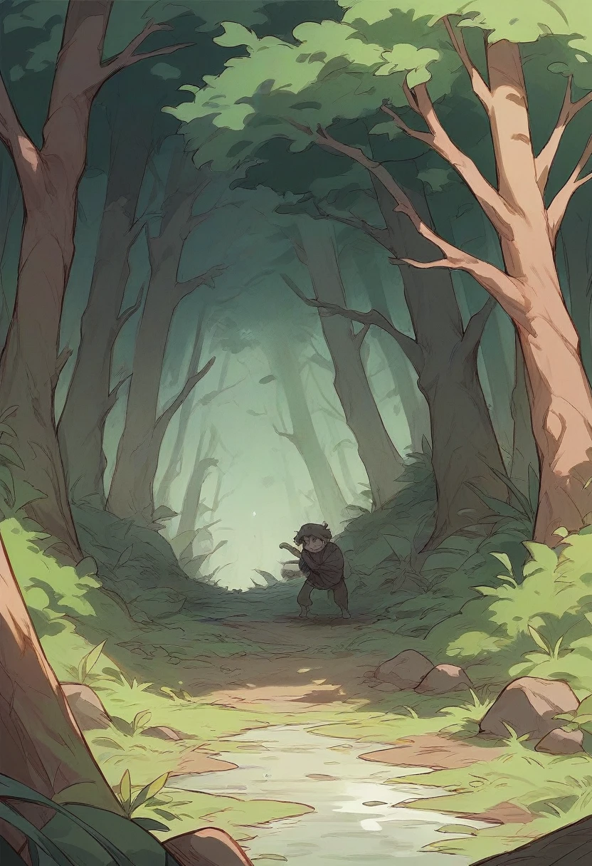 A hiding and scared among the vegetation in a dark swamp