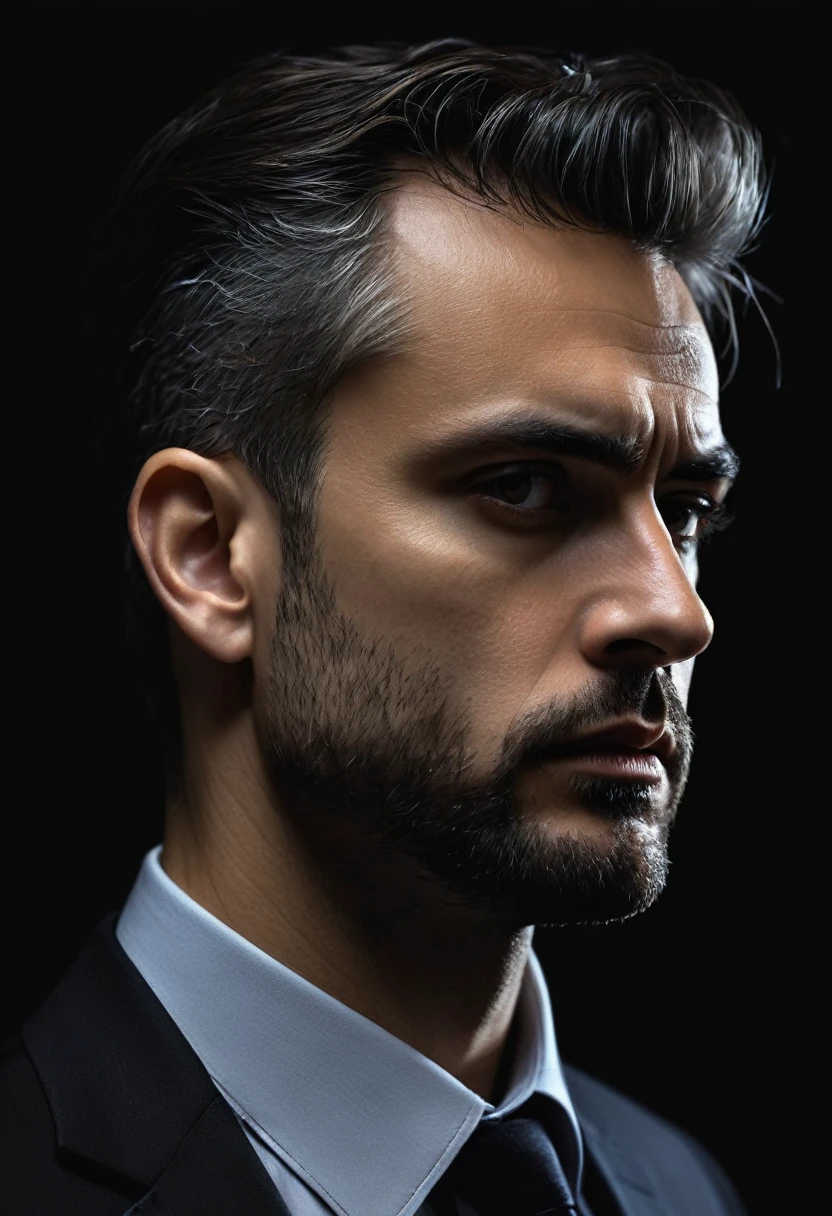 Very serious man in profile with dark background, hyper realistic image