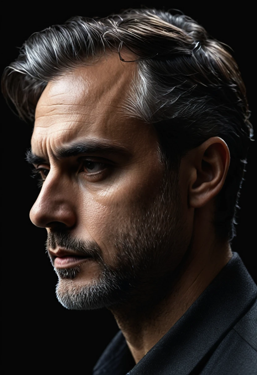 Very serious man in profile with dark background, hyper realistic image