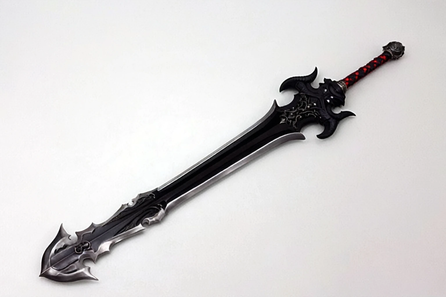 there is a sword with a black handle and a red handle, black and red Fantasy Sword, Fantasy Sword, Dark Iron Sword, Fantasy Sword of warrior, Combat bladed weapons, big sword, Fantasy Blade, Beautiful Sword, Evil Sword, Sword design, huge sword, Fantasy weapons, big sword, huge oversized sword, shining sword, Armored Sword Blade