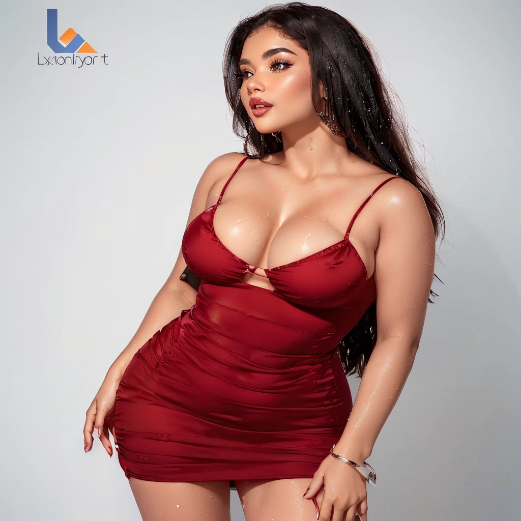 a woman in a red dress posing for a picture, sexy dress, opened dress, tight dress, skintight dress, sexy red dress, low cut dress, light half opened dress, revealing stylish dress, translucent silky dress, photoshoot, product shoot, minimal bodycon feminine costume, violet myers, revealing outfit, sexy look, red dress, lady kima, demi rose, big , sexy cleavage show, wet body