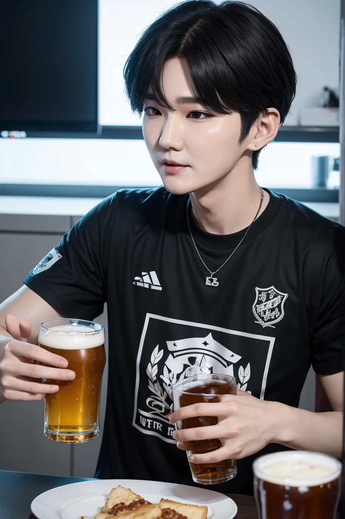 yoongi from bts drinking a beer very happy with a team shirt
