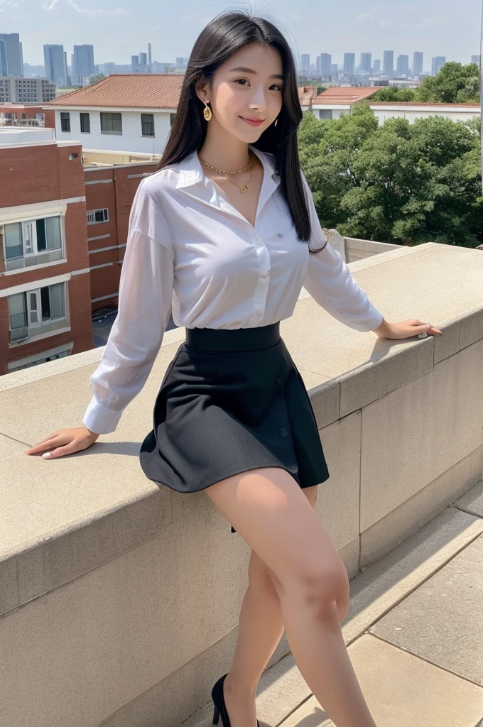 Rooftop of university building, 4th year university student, ((full body)), ((photo)), ((best qualtiy, 8K, tmasterpiece:1.3)), Focus:1.2, perfect figure beautiful girl:1.4, 1girl, cowboy shot, look at viewer, eyes facing the camera, incredibly absurd, beautiful and cute girl with a photorealistic face, showcasing top-quality craftsmanship, A Japanese girl watching the sunset on the roof of a university building, 19 years old, long, straight, silky black hair, fair skin, big eyes, thin eyebrows, double eyelids, long eyelashes, pink lips, smile, devilish smile, gorgeous features, well-defined facial features, beautiful face line, mysterious beauty, slender, tall, well-balanced proportions, large E-cup breasts, white shirt, tight black skirt, beige pumps, gold necklace and bracelet, small earrings, elegant ring, pretty girl, beauty, devilish type, pretty older sister, passionate about art, sociable, friendly, positive, has leadership skills, is proactive, is flexible, gets things done efficiently, works hard towards dreams and goals, March