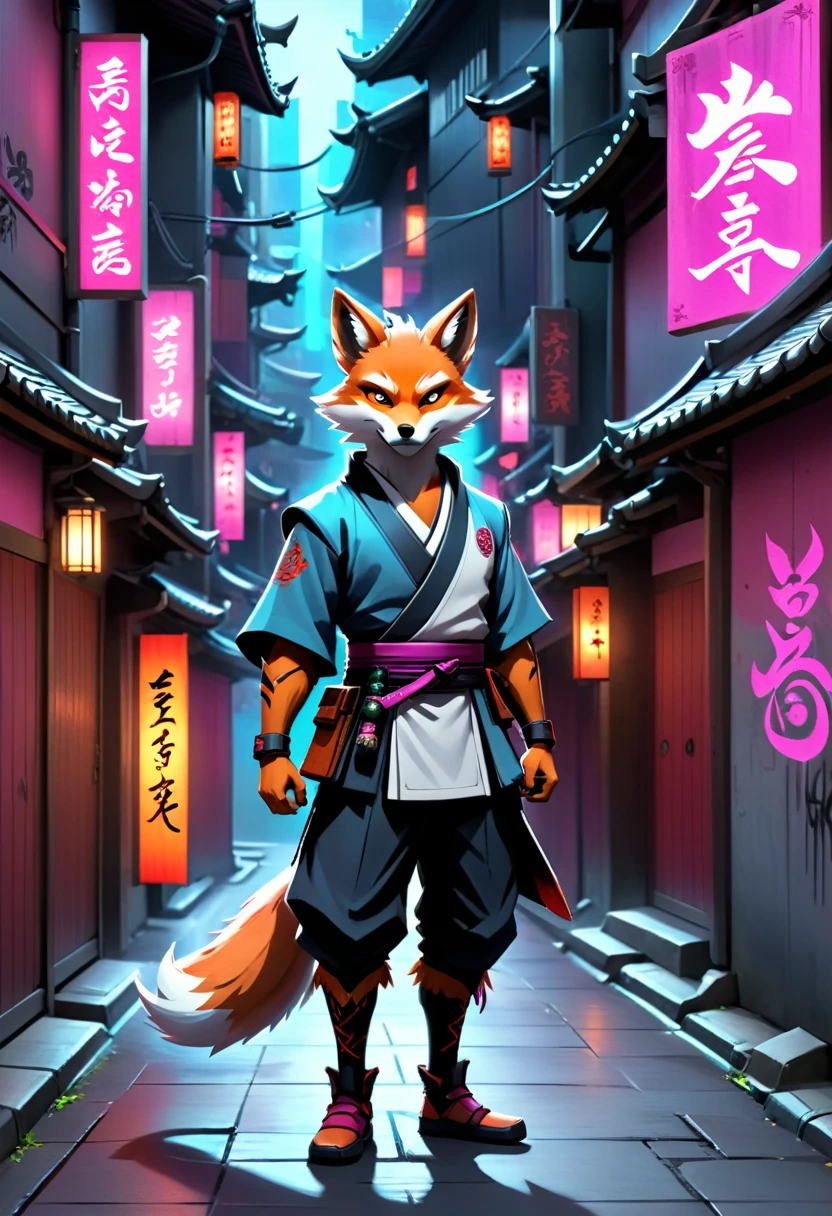 Hyper-realistic digital painting of a street samurai kitsune (fox spirit) in an urban setting. The kitsune has multiple tails that glow with a mystical light and is dressed in a modern samurai outfit with urban accessories. They wield a katana with runic engravings, standing in a narrow alleyway with graffiti-covered walls and neon signs. The kitsune's eyes are sharp and intelligent, exuding an aura of ancient wisdom and modern edge. Cinematic composition, trending on ArtStation.