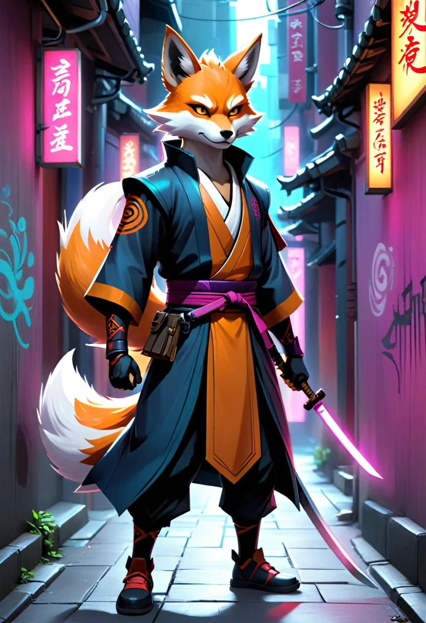 Hyper-realistic digital painting of a street samurai kitsune (fox spirit) in an urban setting. The kitsune has multiple tails that glow with a mystical light and is dressed in a modern samurai outfit with urban accessories. They wield a katana with runic engravings, standing in a narrow alleyway with graffiti-covered walls and neon signs. The kitsune's eyes are sharp and intelligent, exuding an aura of ancient wisdom and modern edge. Cinematic composition, trending on ArtStation.